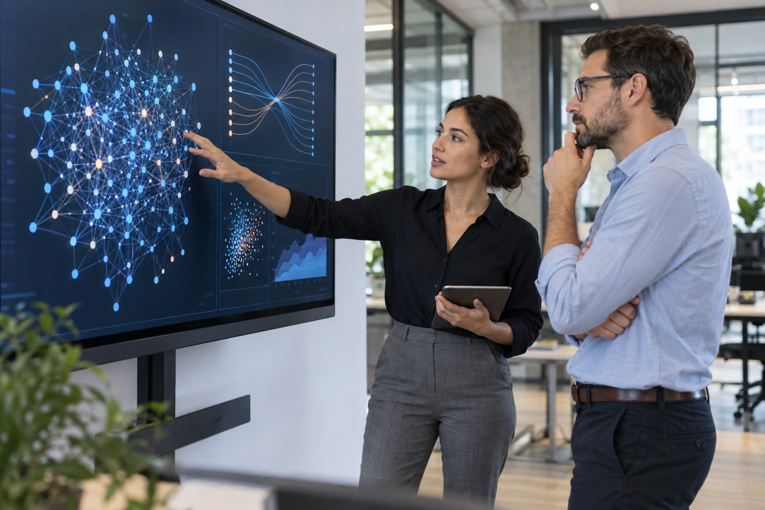 Illustrative scene of technology professionals reviewing AI analytics in a workspace