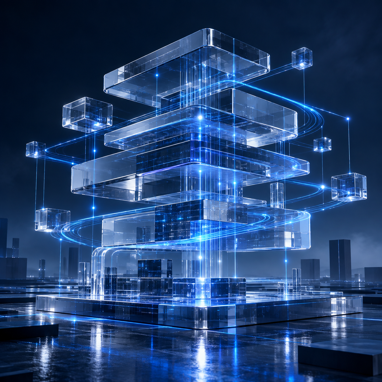 Original abstract artwork depicting illuminated cloud and AI infrastructure