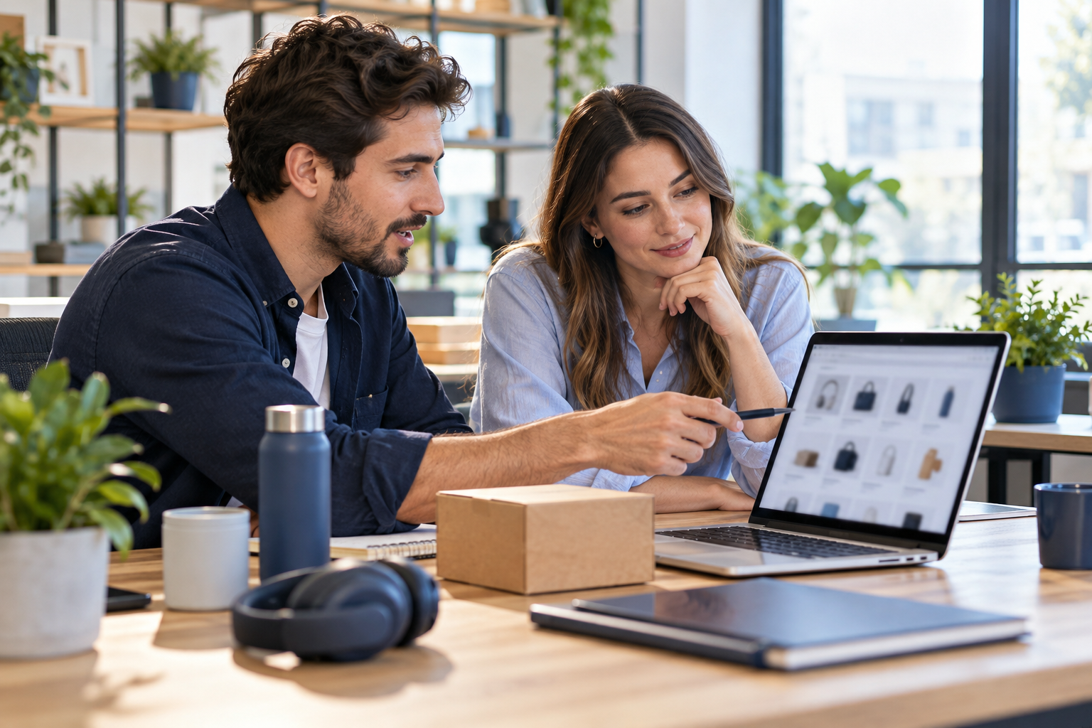 Illustrative scene of ecommerce professionals reviewing product discovery and online shopping