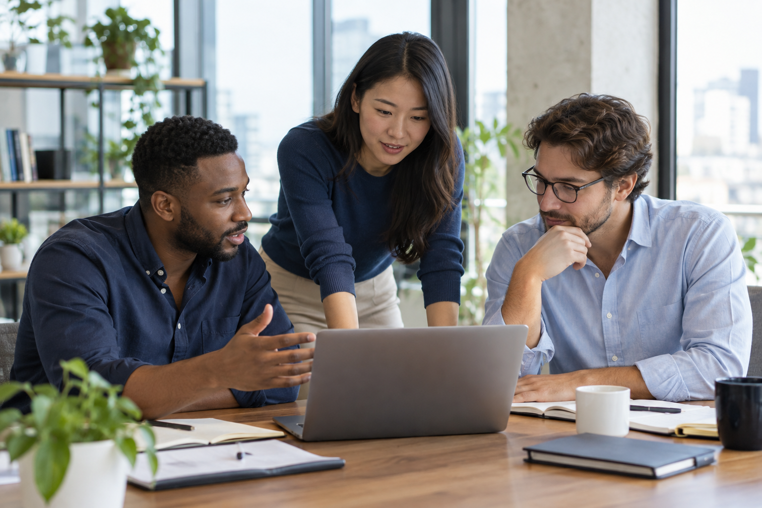 Illustrative scene of technology professionals collaborating around a laptop